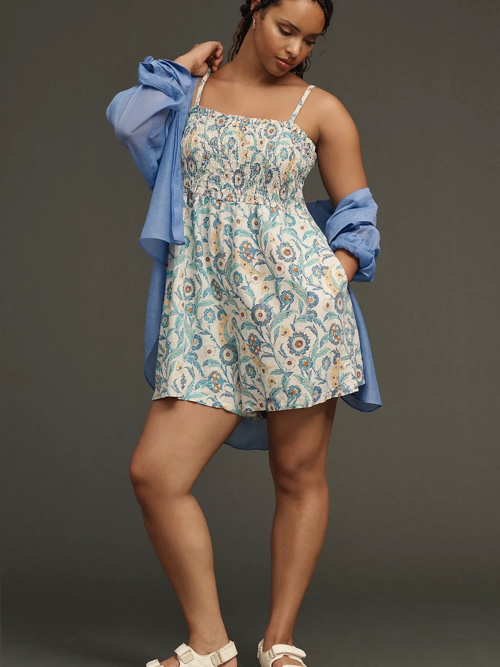 Anthropologie Pilcro Blue Cream Floral Smocked Romper Small Boho Cottage Core